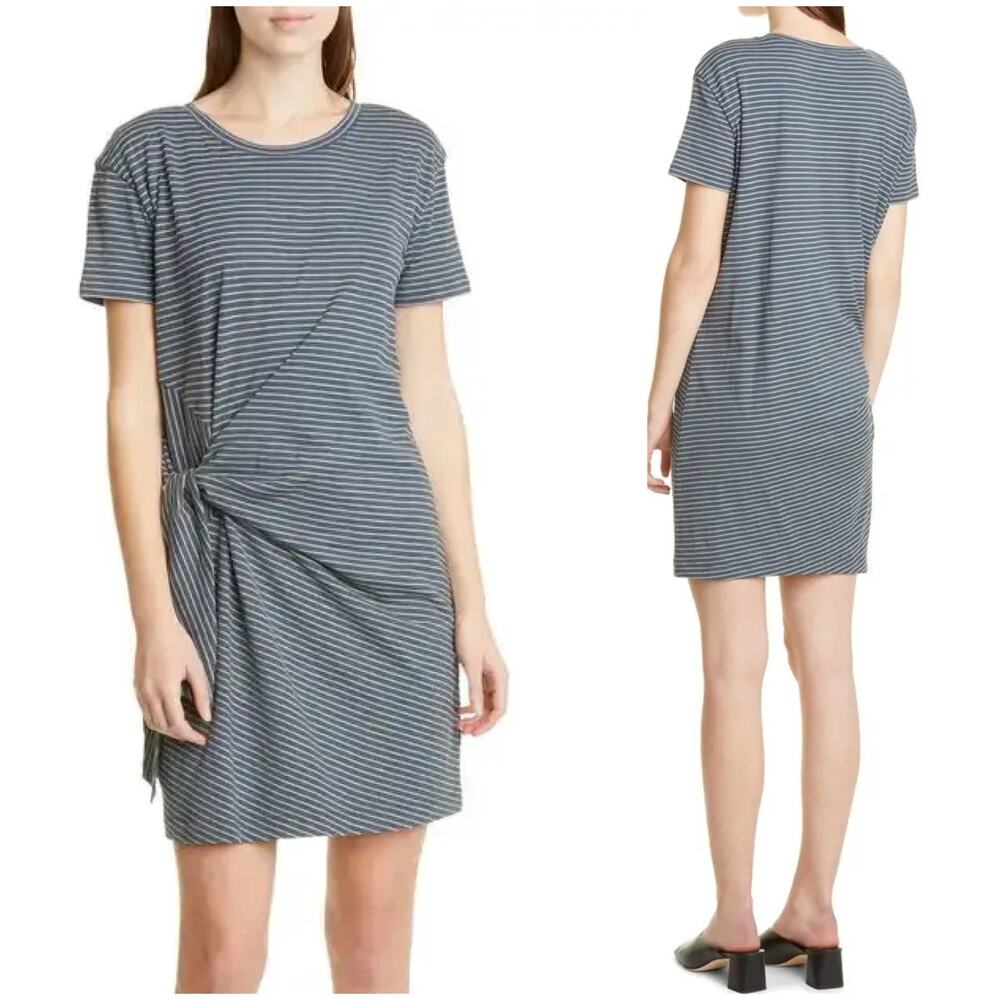 VINCE Classic Stripe Side-Tie T-Shirt Dress in Tide Pool/Light Slate Size L